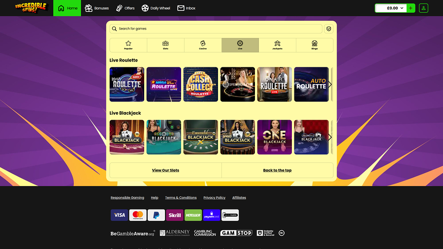 Incredible Spins Casino Desktop Live Dealer