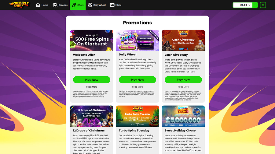 Incredible Spins Casino Desktop Promotions