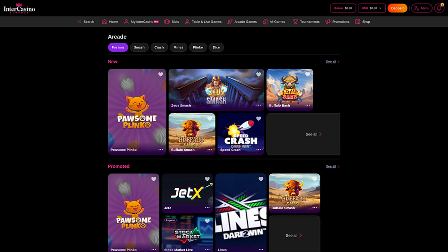 Inter Casino Desktop Arcade