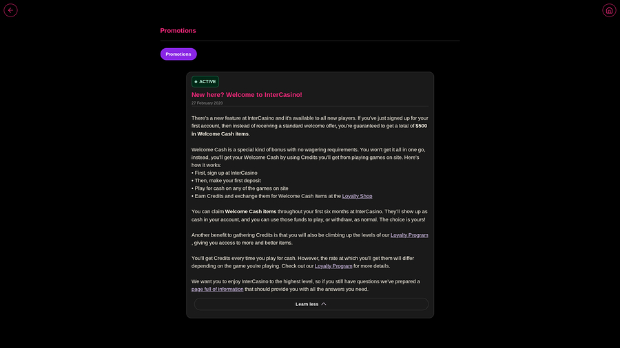 Inter Casino Desktop Promotions