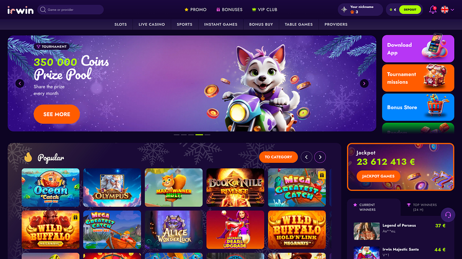 Página de inicio de escritorio de Irwin Casino