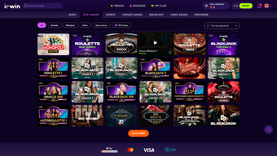 Crupier en Vivo en Escritorio de Irwin Casino
