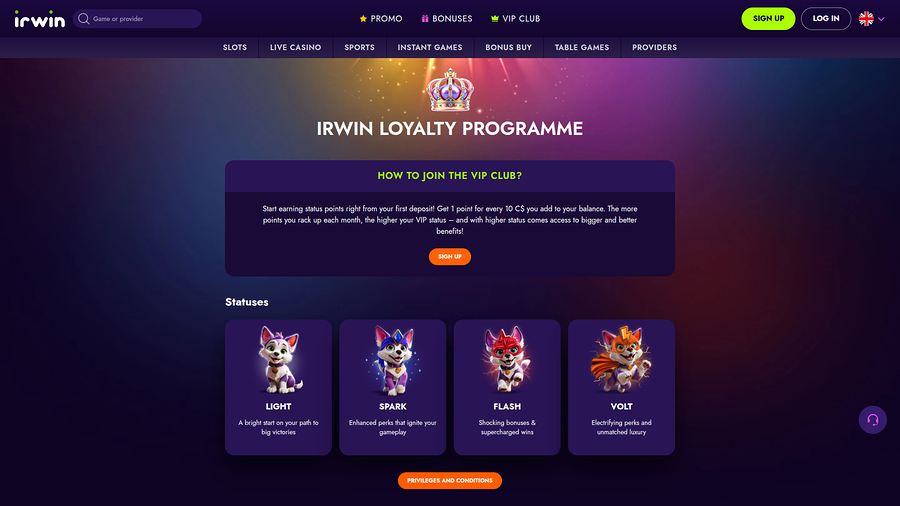Programa VIP de Irwin Casino para Escritorio