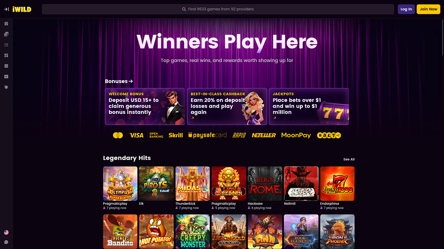 Página de inicio de iWild Casino para escritorio