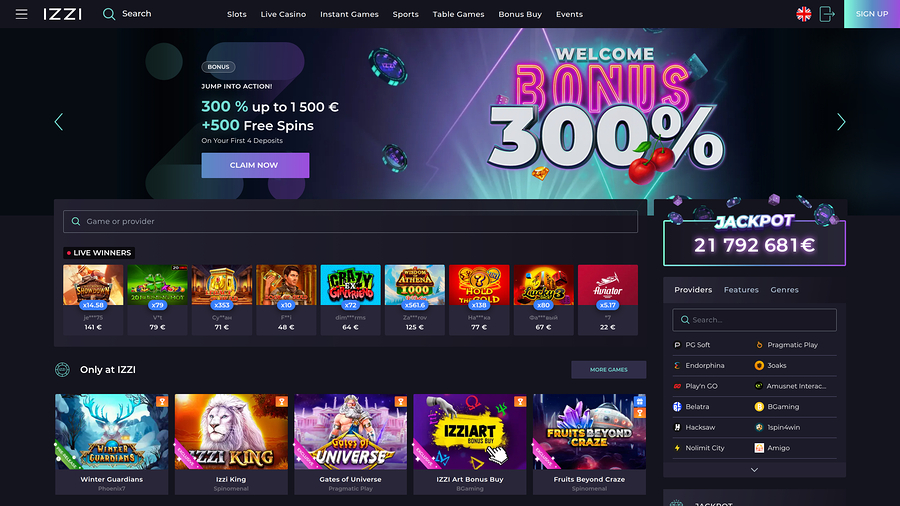 Izzi Casino Homepage Desktop