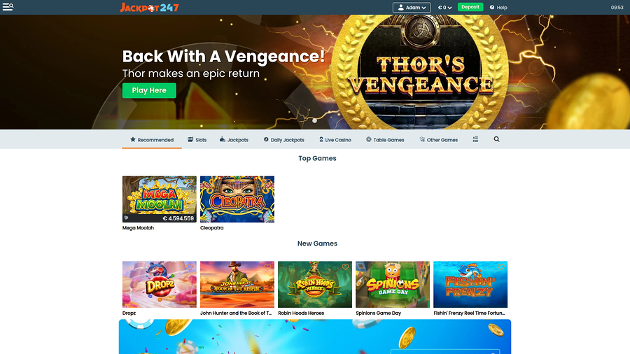 Jackpot247 Casino Homepage Desktop