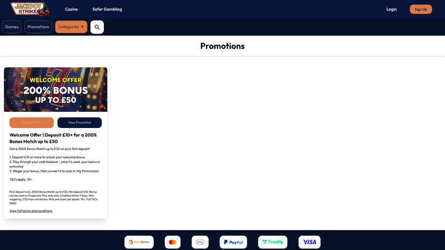 Jackpotstrike Casino Promotions Desktop