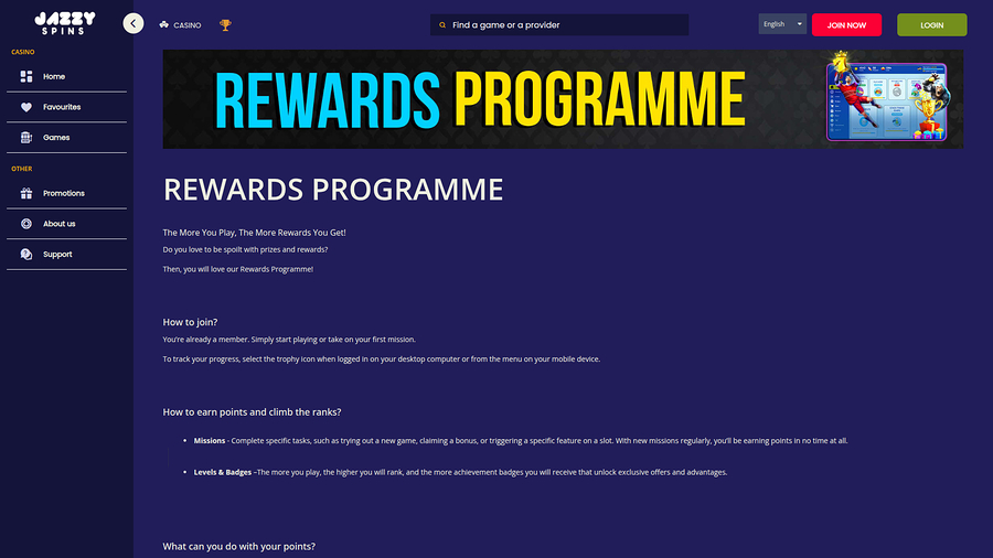 Jazzy Spins Casino Desktop VIP Program