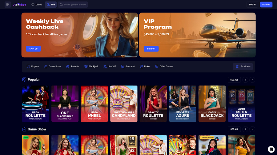 Casino Jet4bet para escritorio con crupier en vivo