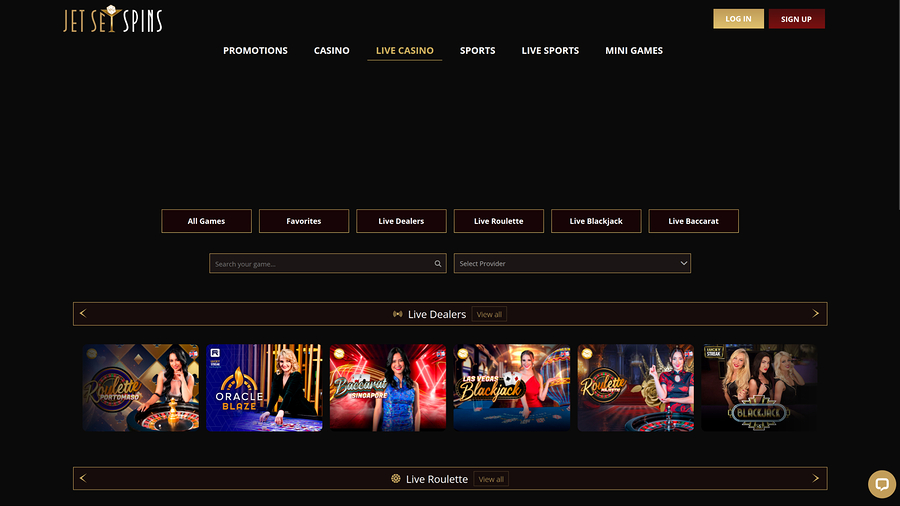 JetSetSpins Casino Desktop Live Dealer