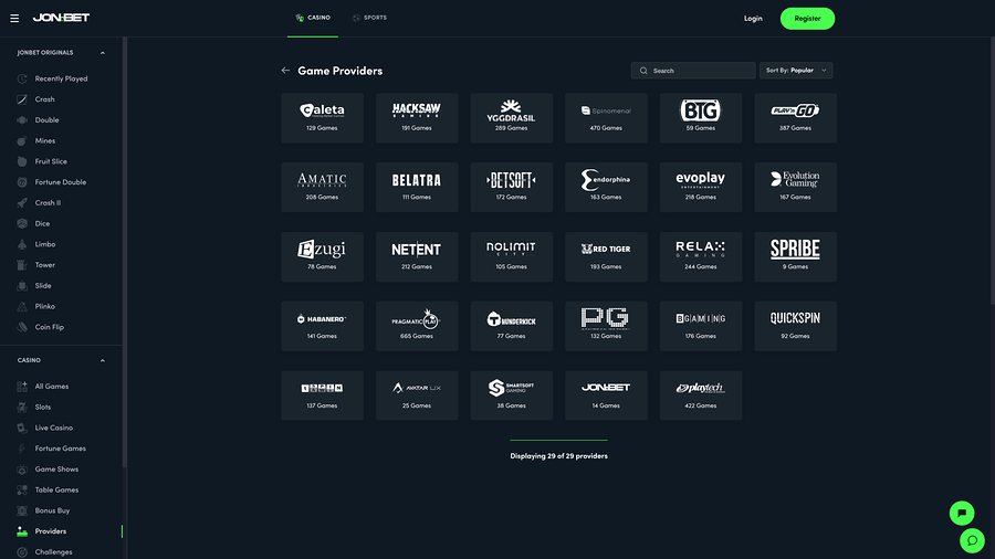 Jonbet Casino Game Developers Desktop