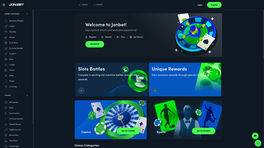Jonbet Casino Homepage Desktop