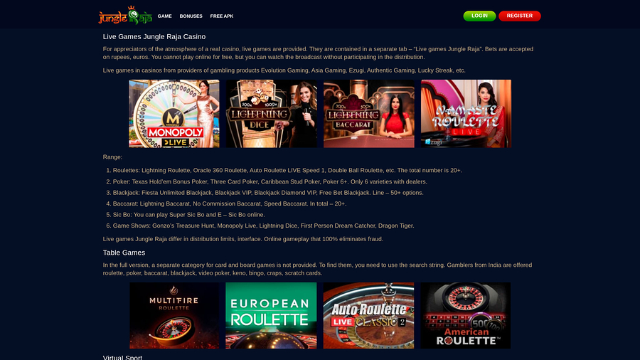 JungleRaja Casino Desktop live dealer