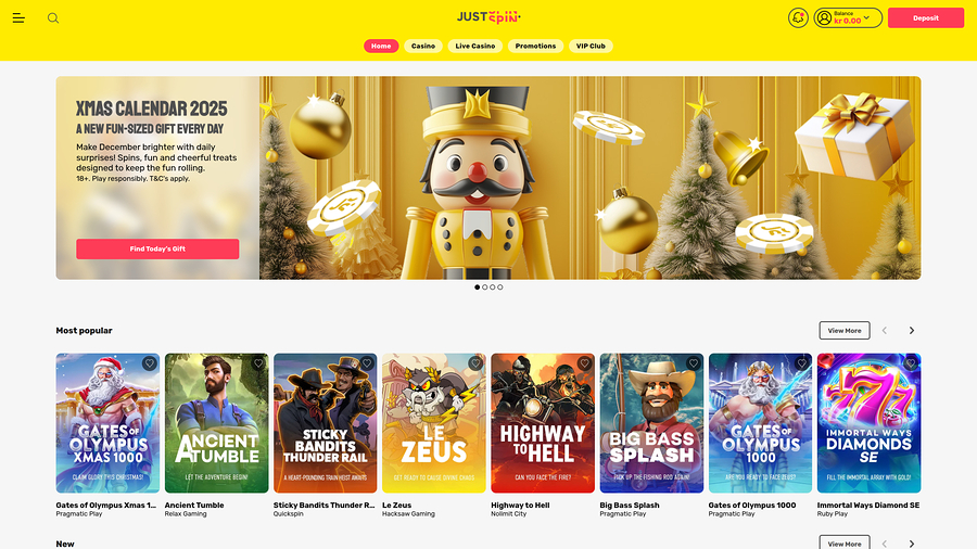 Justspin Casino Desktop Homepage