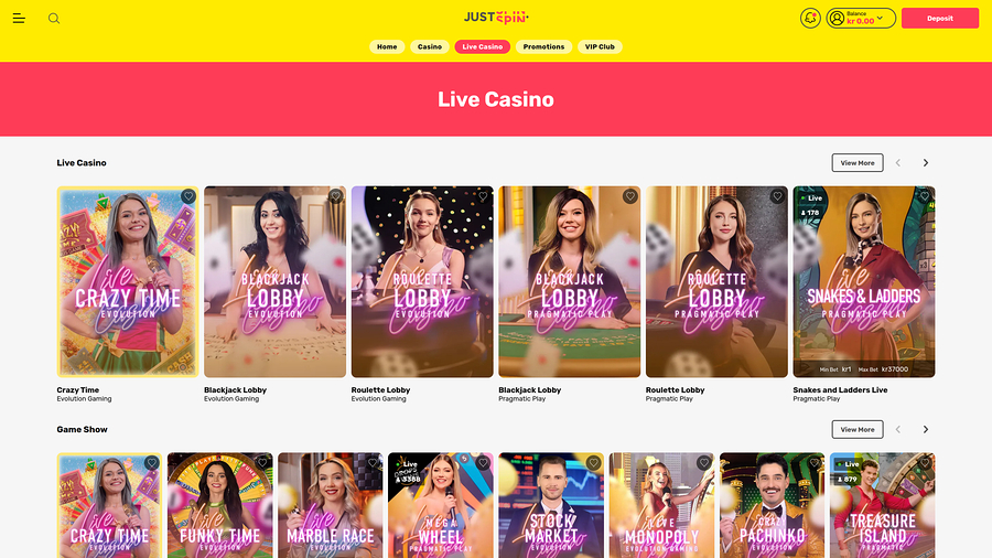 Justspin Casino Desktop live dealer