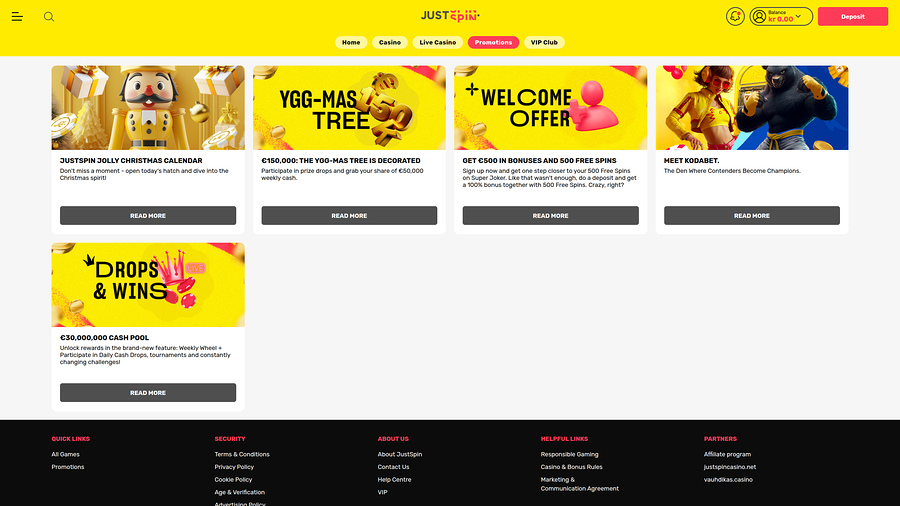 Justspin Casino Desktop Promotions