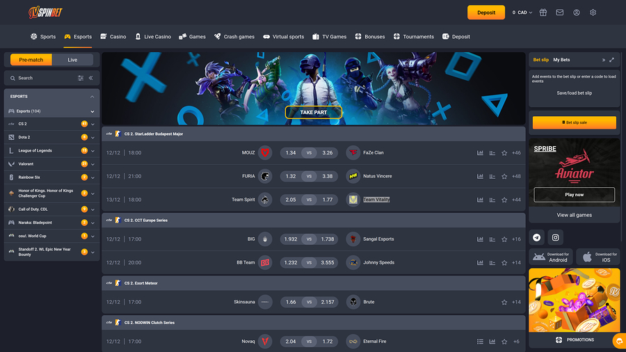JVSPINBET Casino Desktop Esports