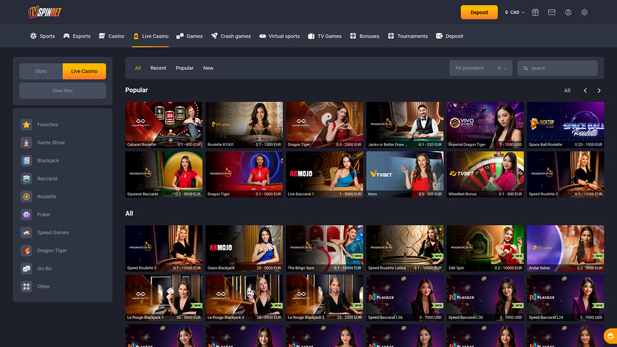 JVSPINBET Casino Desktop live dealer