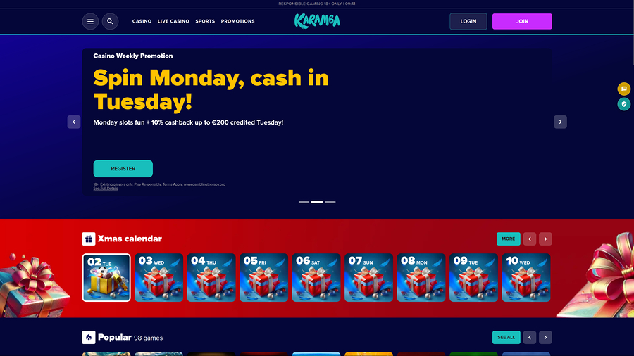 Karamba Casino Homepage Desktop