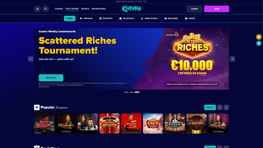 Karamba Casino Live Dealer Desktop