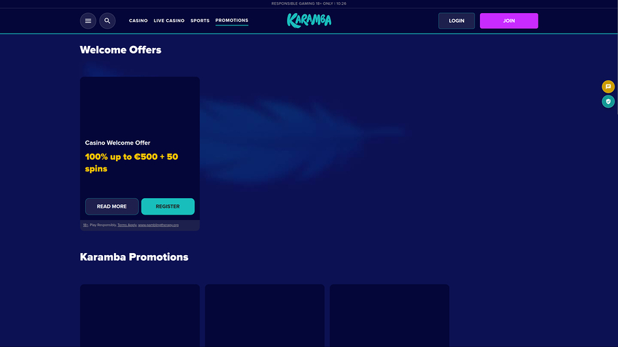 Karamba Casino Promotions Desktop