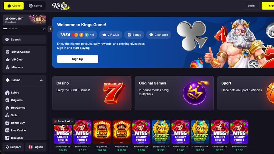 Página principal del casino Kings Game