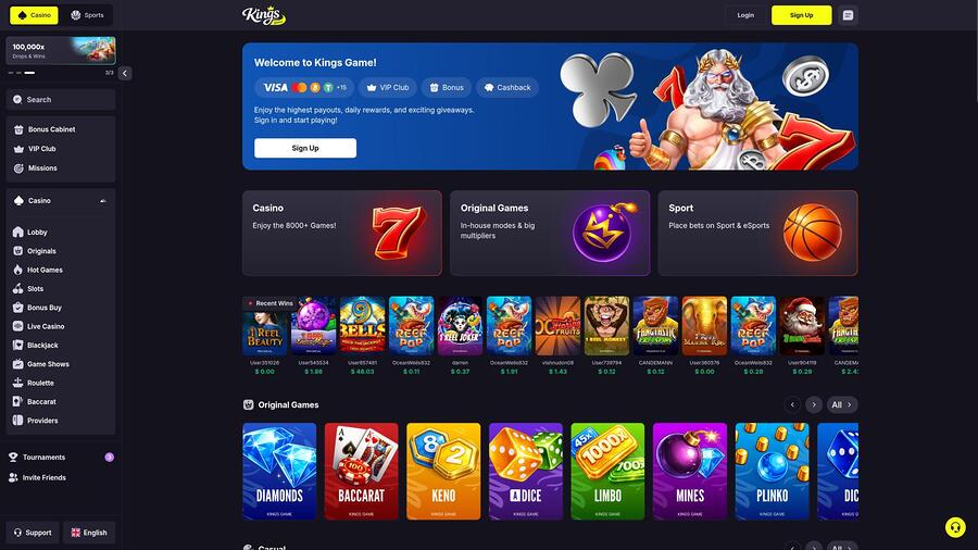 Kings Game Casino homepage