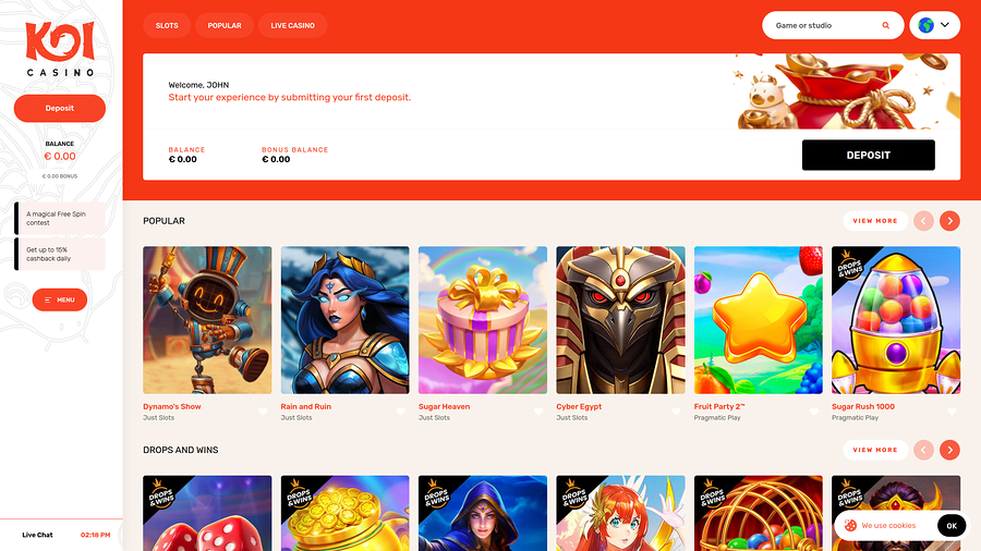 Koi Casino Desktop Homepage