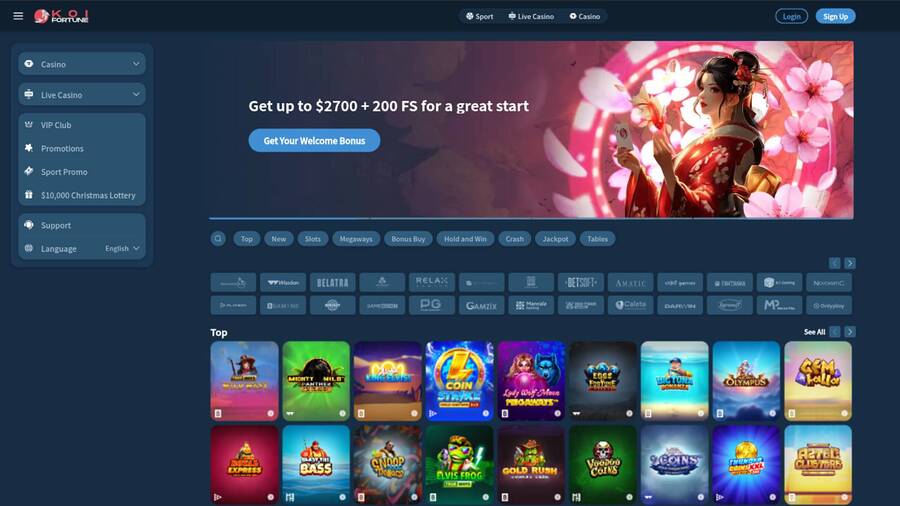 Homepage screenshot of KoiFortune Casino