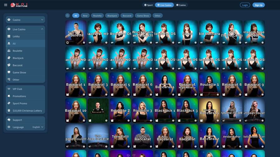 Live games page screenshot of KoiFortune Casino