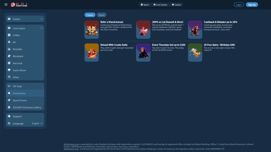 Promotions page screenshot of KoiFortune Casino