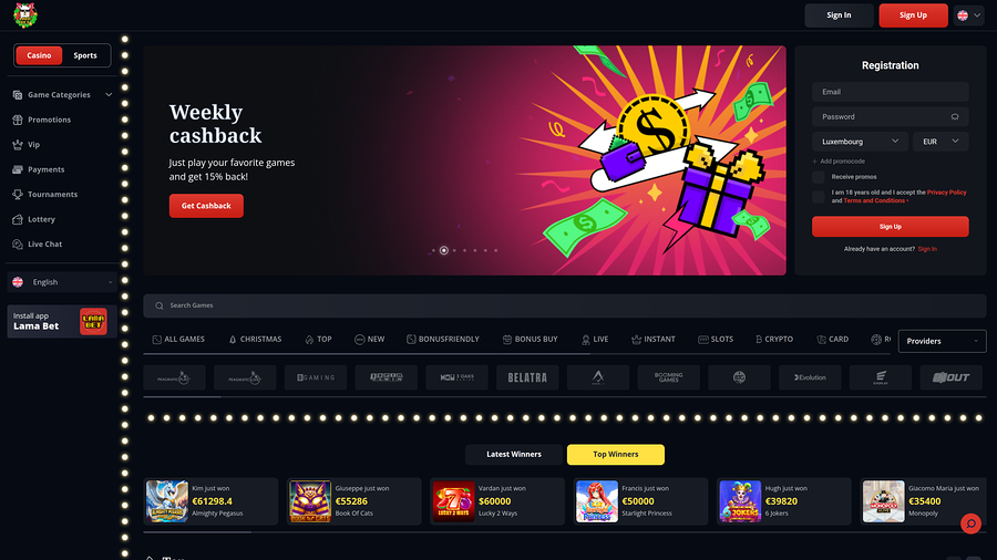 Lamabet Casino Desktop Homepage