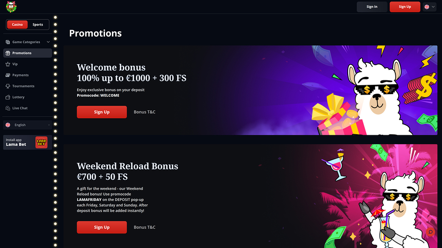 Lamabet Casino Desktop Promotions