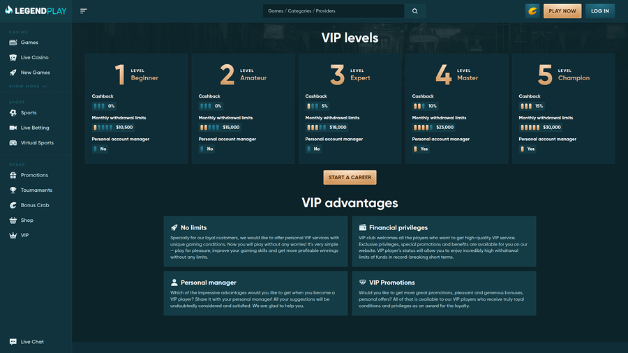 Legend Play Casino Desktop VIP Program