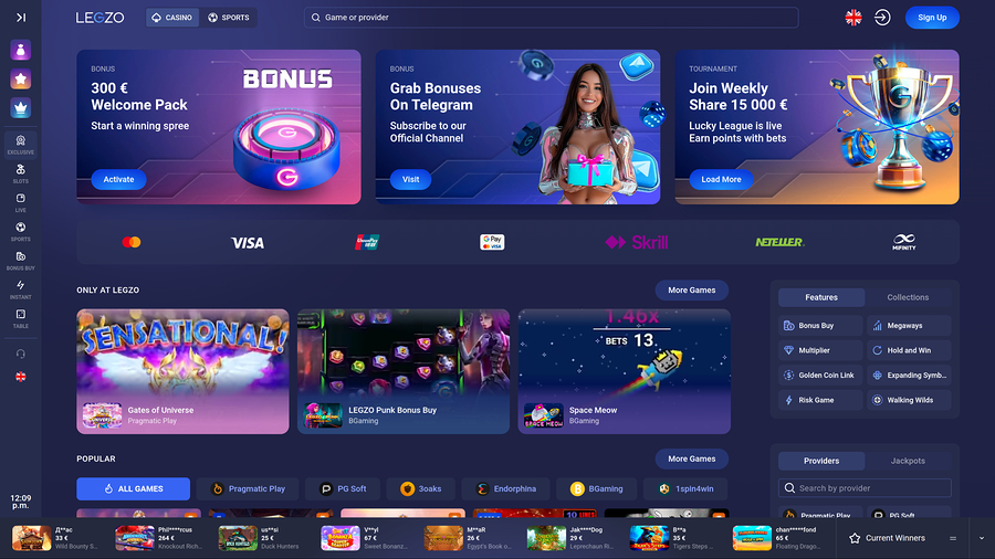 Página de inicio de Legzo Casino para escritorio