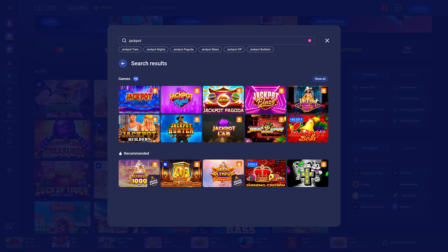 Jackpot de escritorio del casino Legzo