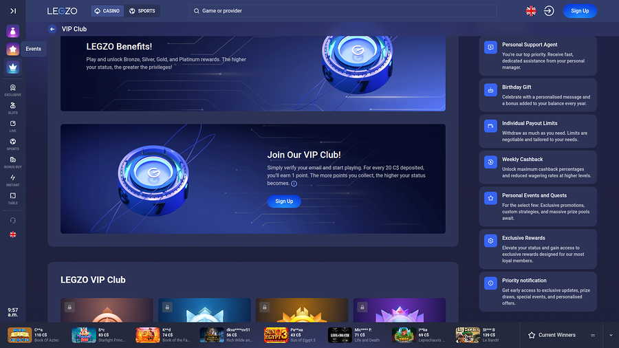 Programa VIP de escritorio de Legzo Casino