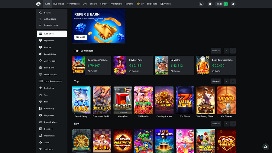 Leon Casino Desktop Homepage