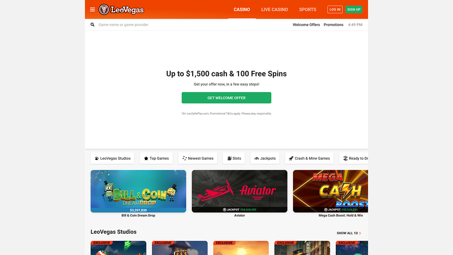 LeoVegas Casino Desktop Homepage