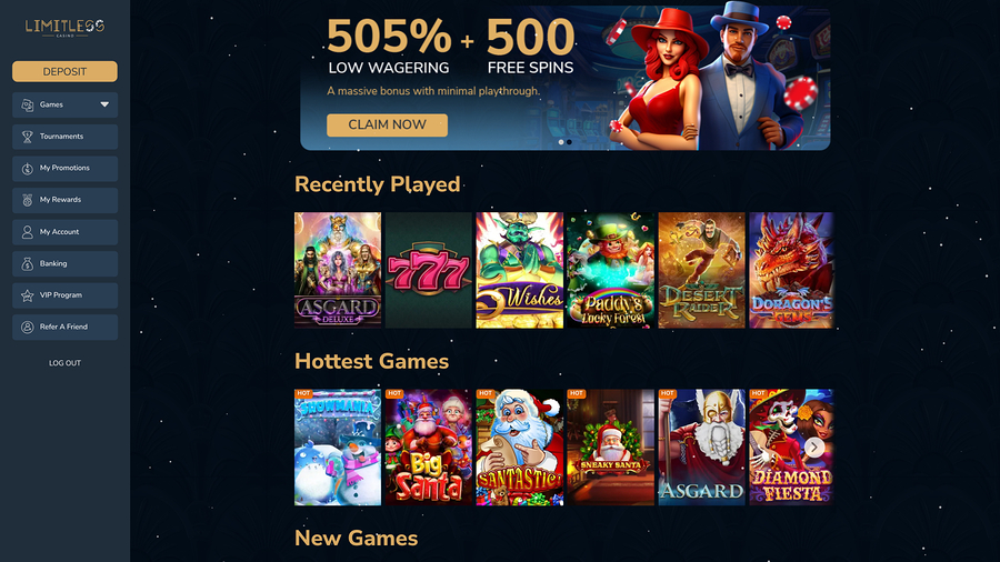 Limitless Casino Desktop Homepage