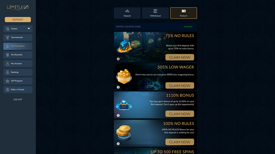 Limitless Casino Desktop Promotions