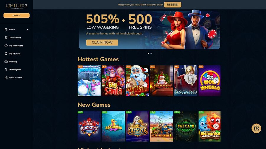 Limitless Casino Desktop Homepage