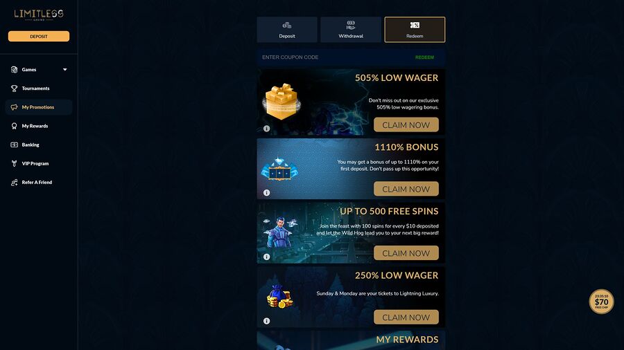 Limitless Casino Desktop Promotions