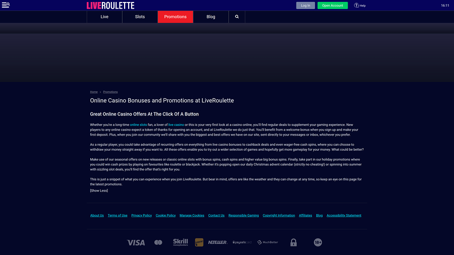 Live Roulette Casino Desktop Promotions