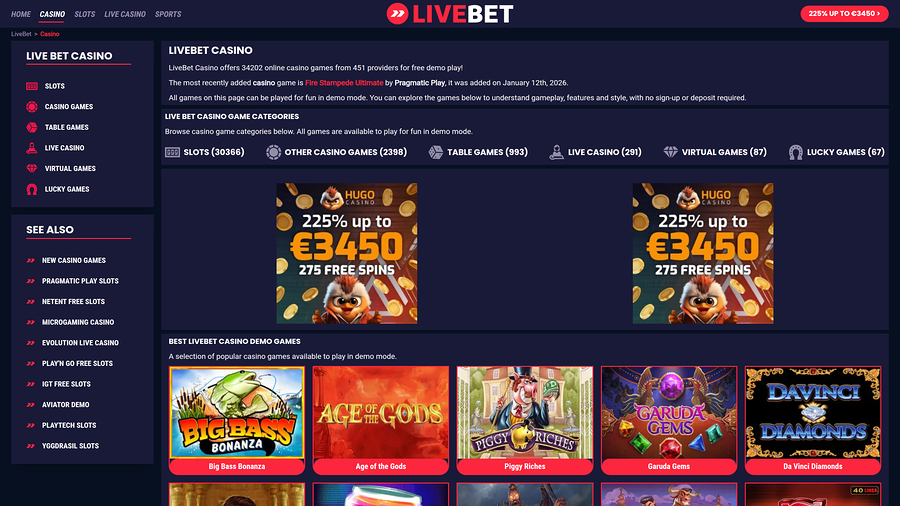 Livebet Casino Desktop Homepage