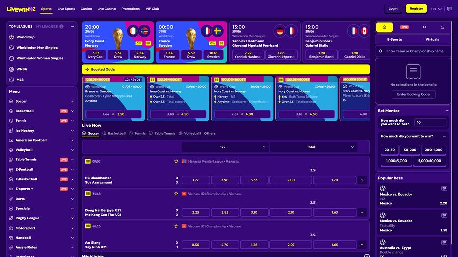 LiveWinz Casino Desktop Sports