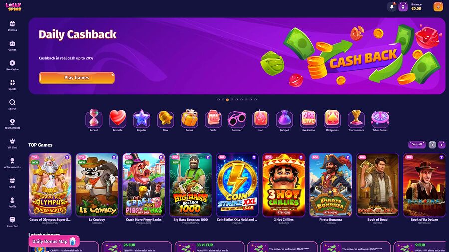Página de inicio de Lolly Spins Casino para escritorio