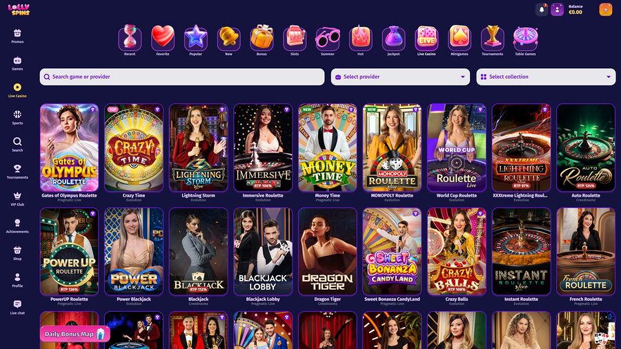 Casino Lolly Spins con crupier en vivo de escritorio
