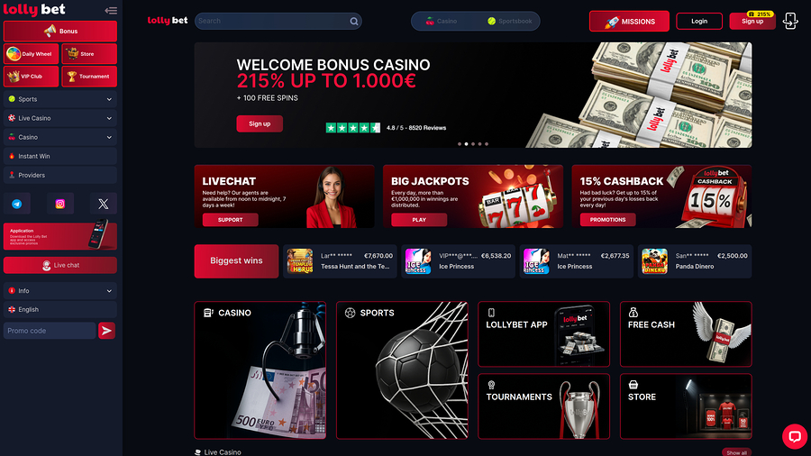 Página de inicio de escritorio del casino Lollybet