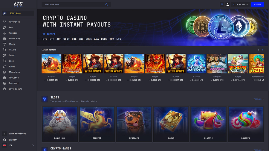 Página de inicio de LTC Casino para escritorio